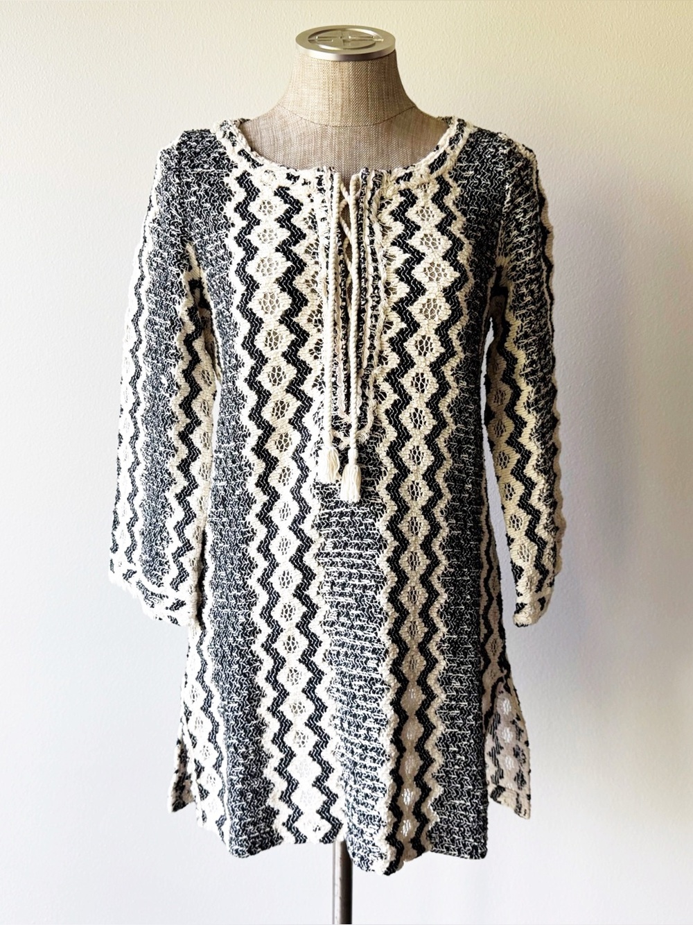 Calypso St. Barth Black and White Zigzag Crochet Minidress